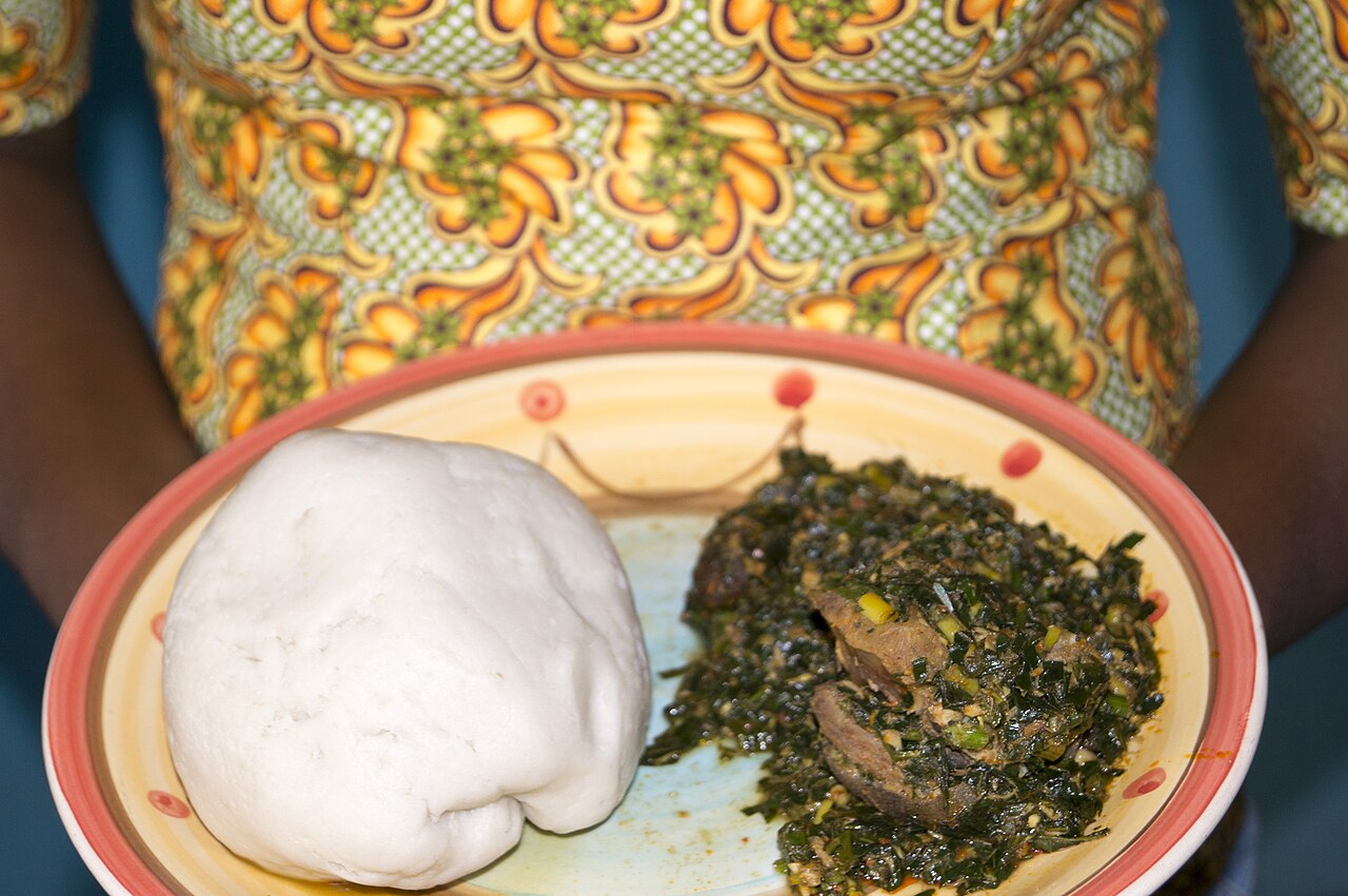 Pounded yam — a Nigerian swallow staple; smaller portions paired with vegetable-rich soup work well on treatment